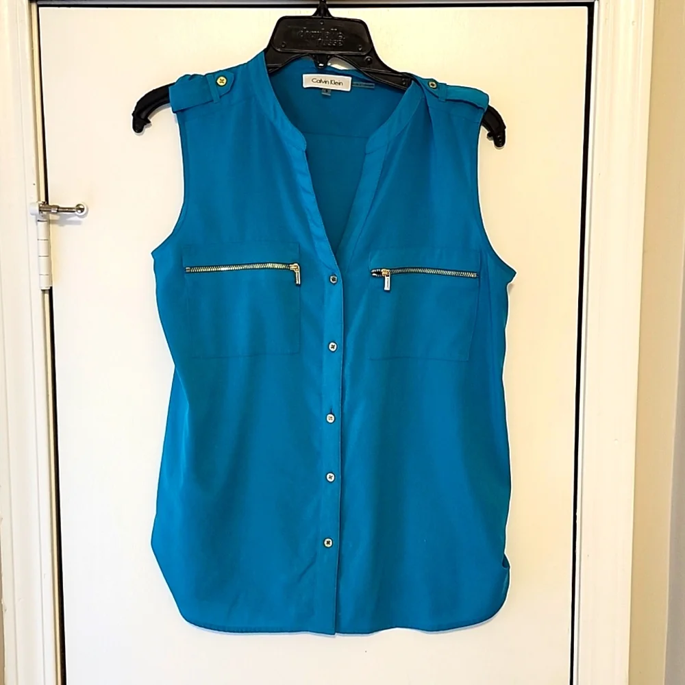 🔥SALE Calvin Klein Teal Blue Sleevless Button-up Dress Shirt - Picture 3 of 5